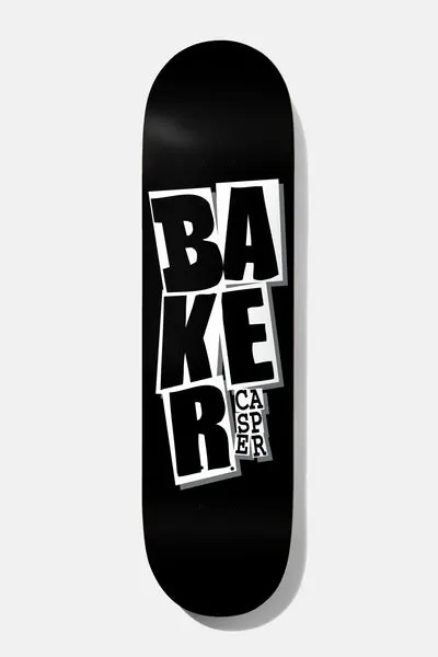 Baker Casper Stacked BLK B2 8.5 skateboard deck: Stacked BAKER block letters in black on white tiles with a grey drop shadow, with a small CASPER label beside the R, on a black deck.