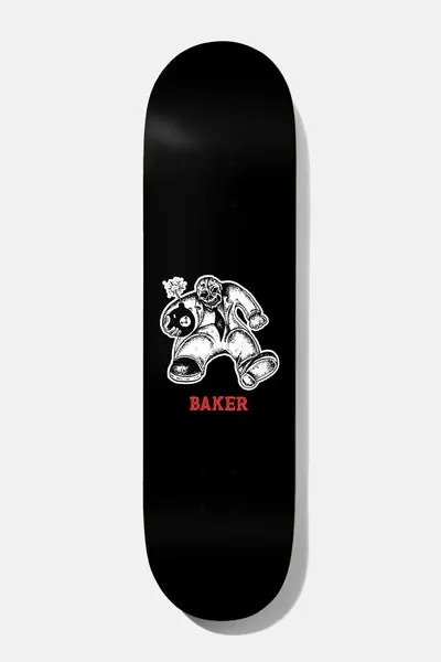 Baker Casper Time Bomb 8.125 skateboard deck: Small black-and-white stippled figure in a suit and boots carrying a lit round bomb with a fuse, on a black deck with red BAKER lettering below.