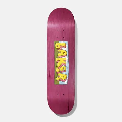 Baker Casper Window 8.0 skateboard deck: Magenta-stained wood deck with a small rectangular scene of yellow bubble-style Baker lettering with red shading, set against a blue sky with clouds and an olive green ground.