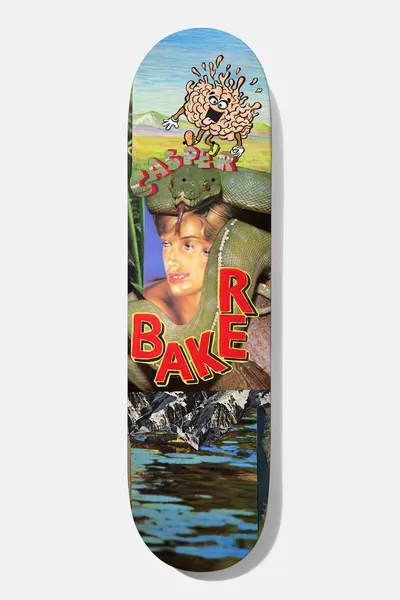 Baker Casper Brooker Desk Shrapnel 8.0 skateboard deck: Collage of a green snake wrapped around a woman's shoulders, a cartoon splashing brain character above, a lake and mountains below, with red Baker and Casper lettering.