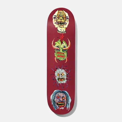 Baker Casper Portraits B2 8.0 skateboard deck: Four hand-drawn monstrous heads stacked down a maroon deck: a stitched and chained face, a green horned demon, a pale spiky blob creature and a grey-haired zombie, all with yellow teeth.