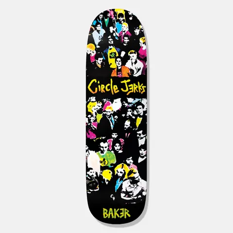Baker Circle Jerks Album Art 9.6 skateboard deck: A crowd of punk fans, rendered in high-contrast photographic style with neon yellow, pink, green and blue highlights on black, fills the deck. The yellow Circle Jerks logo sits across the middle and Baker at the tail.
