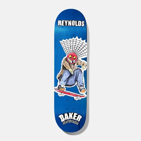 Baker Reynolds Jollyman Lives 8.125 skateboard deck: Hand-drawn cartoon skater with a grinning red mask head and a spider web behind, wearing a brown jacket and jeans and riding a red board, on a blue stained deck. Reynolds at the top and Baker Skateboards logo at the bottom.