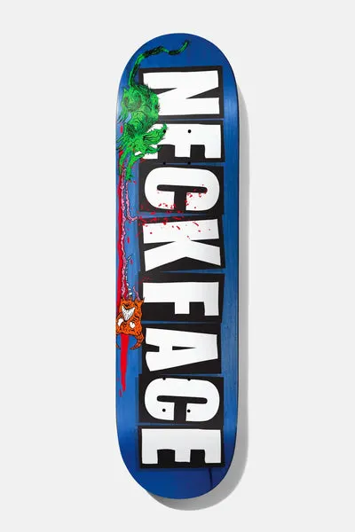 Baker Neckface Toxic Rats 8.75 skateboard deck: Large white block letters spelling Neckface in black boxes on a blue stained deck, with a green creature clawing down the side and an orange grinning rat head at the foot of its trailing red blood.