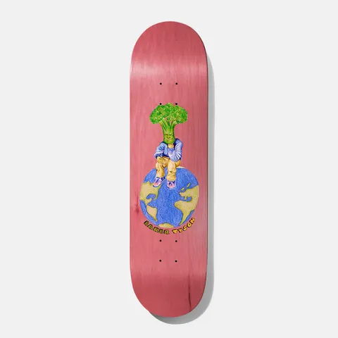 Baker Tyson Broccolli Boy 8.0 skateboard deck: Coloured-pencil style drawing of a seated figure with a broccoli head sitting on top of the Earth, with hand-lettered text curving below, on a pink-red stained deck.