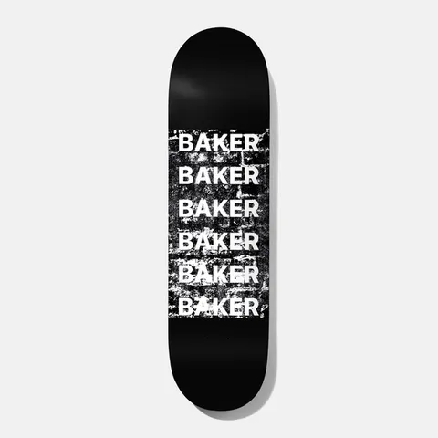 Baker Distressing Sensation Team 8.5 skateboard deck: Six stacked BAKER words in white bold type over a distressed black and white brick wall panel in the middle of a black deck.