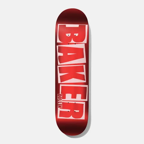 Baker Dollin Brand Name Red Foil B2 8.25 skateboard deck: Large stacked BAKER block-letter logo in red with pale pink outlines filling the whole deck, on a glossy red foil background shading to dark red at the edges. Small DOLLIN credit beside the final letters.