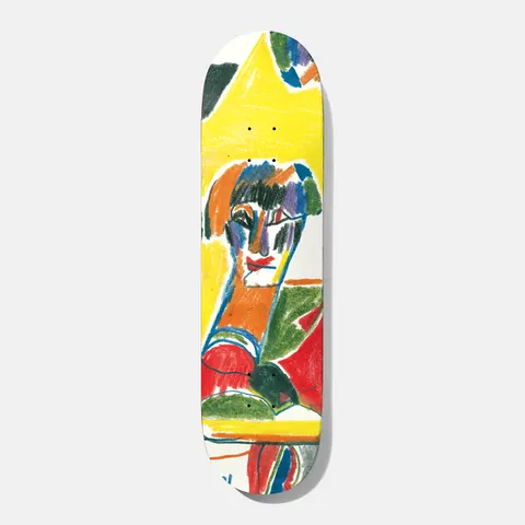 Baker Dollin Presley 8.0 skateboard deck: Loose wax-crayon style drawing of a stylised face with multicoloured hair and a red mouth, on a yellow triangular background. Red, green and orange shapes form the body below on a white deck.