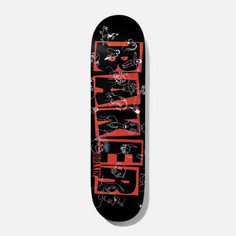 Baker Dustin Brand Name Sketch 8.0 skateboard deck: Black deck with the Baker logo in large red blocky letters running down its length, overlaid with white line-drawn sketches of grotesque characters and creatures. Dollin name printed vertically near the tail.