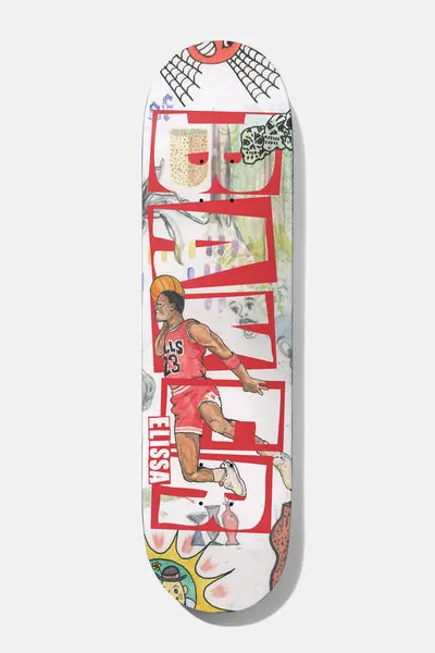 Baker Elissa Steamer MVP 8.5 skateboard deck: White collage deck with large red Baker letters, a hand-painted basketball player in a red number 23 jersey mid-dunk, and scattered doodles including cobwebs, skulls, a sun and faces. Rider's first name printed in white near the lower letters.