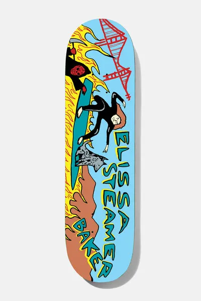Baker Elissa Steamer Rippin Ranman 8.25 skateboard deck: Cartoon-style illustration of a long-haired figure in a black wetsuit riding a surfboard past flames, a hooded skull figure and a red Golden Gate-style bridge, against a pale blue sky. Rider name and Baker are in hand-drawn green lettering.