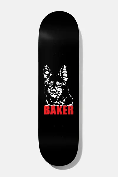 Baker Figgy Bad Dawg 8.5 skateboard deck: Cracked black and white stencil-style German shepherd head above red BAKER lettering, on a black deck.