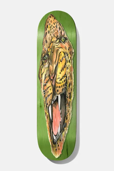 Baker Figgy Big Cats 8.5 skateboard deck: Painted close-up of a spotted leopard head with open mouth and fangs, stretched along the length of a green deck.