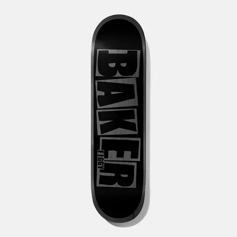 Baker Figgy Brand Name Black/Grey 8.38 skateboard deck: Large Baker brand logo in tone-on-tone black and grey capital block letters running down a black deck, with 'Figgy' in small letters beside the R.