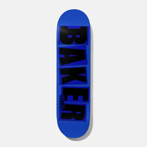 Baker Figgy Brand Name Blue/Black B² 8.125 skateboard deck: Plain blue deck with the Baker logo in large black block capitals running down its length, each letter on a slightly offset dark blue box, with a small rider name beside the final letter.