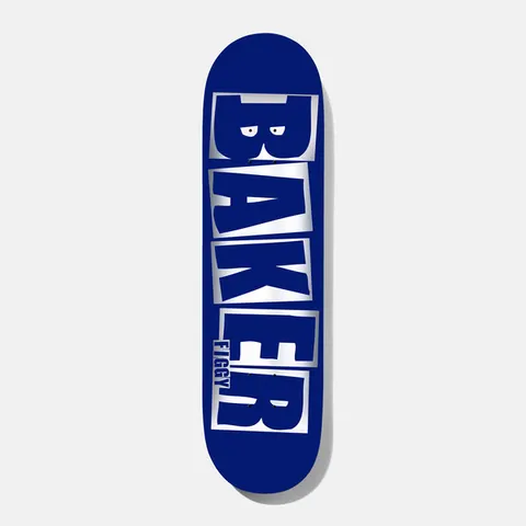 Baker Figgy Brand Name Blue/Foil B2 8.5 skateboard deck: Large Baker block-letter logo in silver foil running the length of a navy blue deck, with a pair of small eyes in the B and 'FIGGY' written small beside the E.