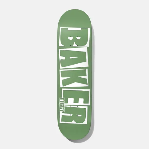 Baker Figgy Brand Name Moss B2 8.25 skateboard deck: The Baker logo in large, chunky white block letters with irregular outlines fills the deck, with small cartoon eyes in the B and R, on a flat moss-green ground. 'Figgy' runs vertically beside the lower letters.
