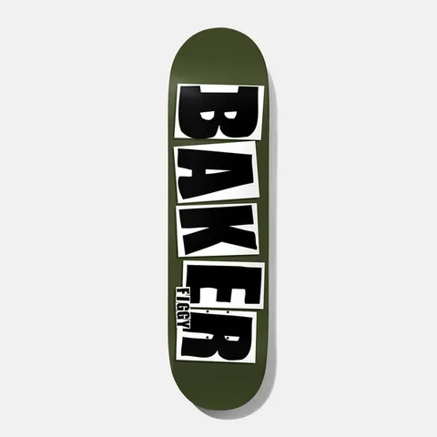 Baker Figgy Brand Name Forest Matte 8.5 skateboard deck: Dark green deck with the Baker logo in large black blocky letters on white tiles running down its length. Figgy name printed small beside the E.
