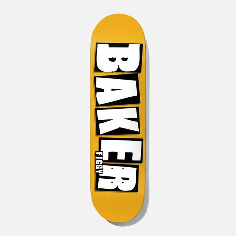 Baker Figgy Brand Name Mustard B2 8.5 skateboard deck: The Baker logo in large white block letters on black rectangles runs up the length of a mustard yellow deck, with the rider name in small text beside the lower letters.