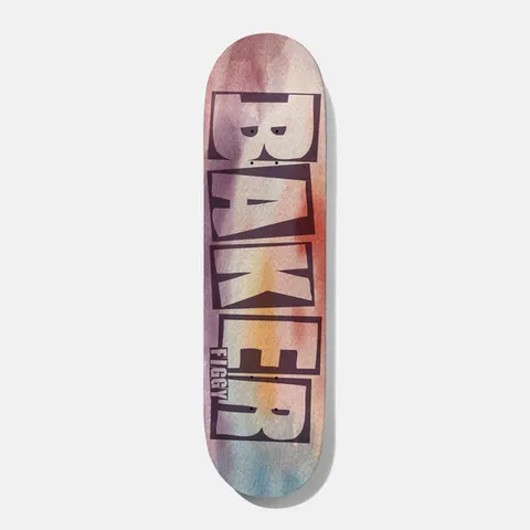 Baker Figgy Brand Name Watercolor 8.25 skateboard deck: The Baker name in tall stacked block capitals in dark purple, laid over a soft watercolour wash of pink, orange, cream and blue. A small rider name, Figgy, runs up the side of the lettering.