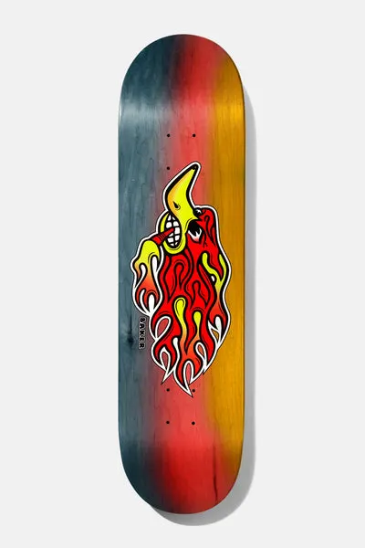 Baker Figgy Calamities 8.25 skateboard deck: Cartoon yellow-beaked bird figure engulfed in red and yellow flames with white outlines, on a deck stained in blue-grey, red and orange vertical bands. Small 'Baker' text beside it.