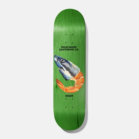 Baker Figgy Constructors 8.0 skateboard deck: A painted shark's head joined to the body of a cooked orange prawn, on a green stained deck, with 'Baker Brand Skateboard Co.' in handwritten type above and 'Figgy' below.