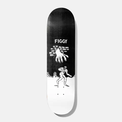 Baker Figgy Crop Circles 8.0 skateboard deck: Black and white drawing of a giant hand emerging from a brick wall above a running figure in a mask, with small fence-like structures on the horizon. Figgy name in white at the top; lower half of deck is white.