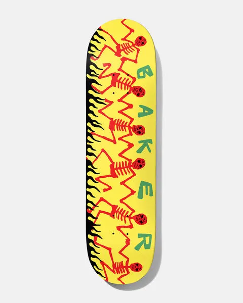 Baker Figgy Dancing Skellies 8.5 skateboard deck: A line of red skeletons in a dancing zigzag chain down a yellow deck, with black flames up the left edge and green Baker lettering spelled out vertically.