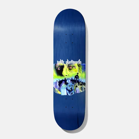 Baker Figgy Dead Is Better 8.25 skateboard deck: Painted close-up of a green-lit face with wide eyes above a graveyard with crosses and a grey cat sitting among headstones, in a ragged-edged panel across a dark blue stained deck. Baker Skateboards written above.