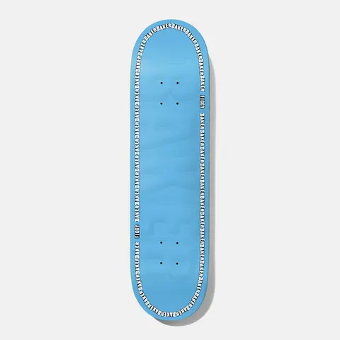 Baker Figgy Edge Blue Embossed 8.38 skateboard deck: Pale blue deck with a large embossed Baker logo in tonal blue and a repeating Baker text border running round the edge, with Figgy marked on the sides.
