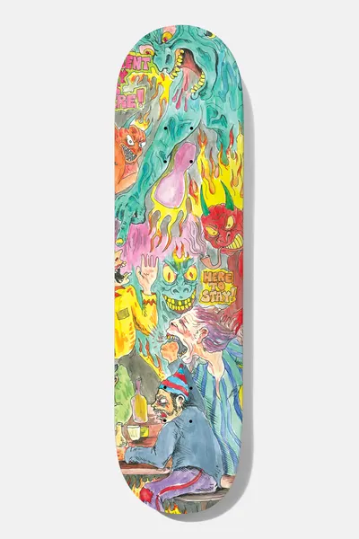 Baker Figgy Here to Stay B2 8.25 skateboard deck: Hand-painted scene of a hellish bar: demons, a teal ghoul and flames above a slumped drinker in a striped hat holding a bottle, with yellow speech lettering reading Here To Stay.