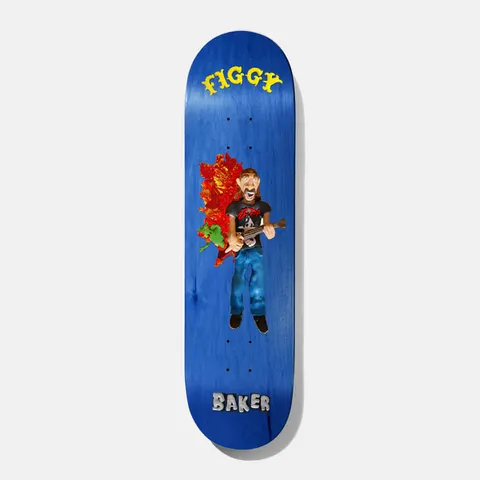 Baker Figgy Kazi 8.25 skateboard deck: Claymation-style figure of a bearded man in a band t-shirt and jeans playing a guitar, with a splash of red and orange paint and green behind him. Yellow 'FIGGY' lettering at the top and grey 'BAKER' at the bottom on a blue stain.