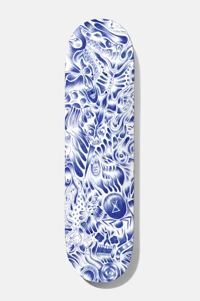 Baker Figgy Nightmare 8.38 skateboard deck: Dense all-over blue ballpoint-pen style drawing of tangled monsters, skulls, eyes, an hourglass and swirling shapes on a white deck.