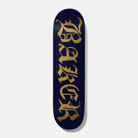 Baker Figgy Old E Navy/Yellow Veneer 8.25 skateboard deck: Navy blue deck with the Baker name in large old English blackletter, in yellow wood veneer showing through, running down its length.
