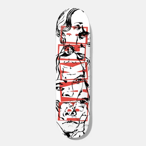 Baker Figgy People 8.0 skateboard deck: White deck covered in overlapping black line drawings of faces and a partly nude figure, with the Baker logo in large red boxed letters running down the length.