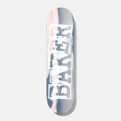 Baker Figgy Ribbon Time Flies 8.5 skateboard deck: Large white Baker ribbon-style lettering across a blurred photographic background of pink and grey sky or clouds. Small rider name along the right side.