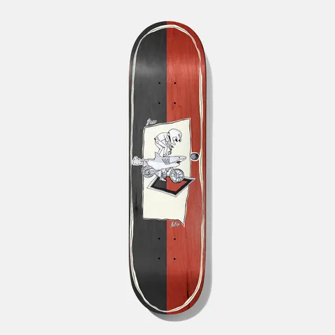 Baker Figgy Sharkocycle 8.5 skateboard deck: Split black and red-stained deck with a cream panel showing a helmeted skeleton riding a shark-shaped motorbike out of a box, with a cream outline around the edge.