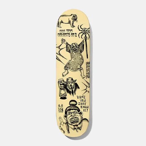 Baker Figgy Stop and Think 8.5 skateboard deck: Black line tattoo-flash style drawings on a cream deck: a bulldog, a robed figure with a skull face holding a spider staff, a hatted man with a lantern and a grimacing man giving the finger, with speech-like phrases.