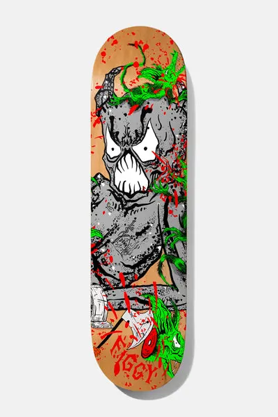 Baker Figgy Toxic Rats 8.0 skateboard deck: Grey cartoon monster with a cracked skull-like head and big white teeth, covered in splattered red blood and green hairy rat creatures, with an axe beside it, on a natural wood deck. Figgy signature at the foot.