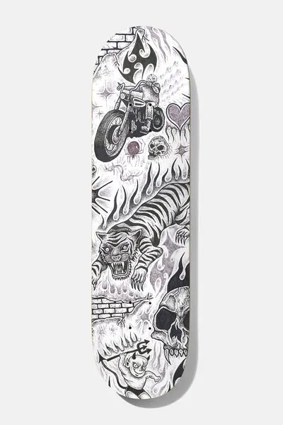Baker Figgy Tryptic 8.125 skateboard deck: Dense black and white pen stipple collage of a crouching tiger, chopper motorcycle, skulls, flames, a heart, brick walls and a small devil, with touches of purple.