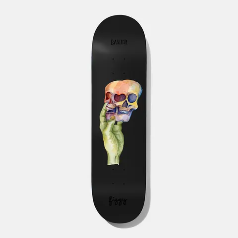 Baker Figgy Waters 8.125 skateboard deck: A watercolour-style green hand holding up two overlapping skulls tinted in yellow, orange, red and blue, on a black deck. 'Baker' is printed in small lettering at the nose and a handwritten 'figgy' at the tail.