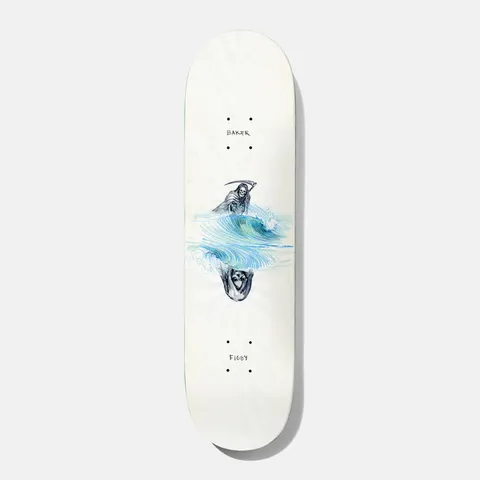 Baker Figgy Wave Reaper 8.0 skateboard deck: A small pencil-and-watercolour Grim Reaper with a scythe rides a blue-green wave, mirrored by an upside-down reflection below, on an off-white deck. Small black 'Baker' and 'Figgy' lettering sits near each end.