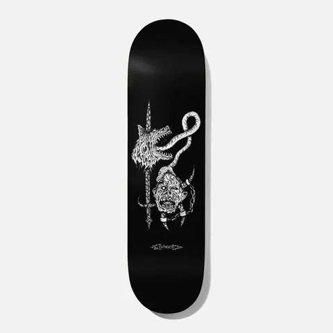 Baker Figgy Whiplash 8.0 skateboard deck: Black-and-white ink illustration of a snarling wolf head impaled on a spiked pole, with a horned, chained demon head and a coiled tail wrapping around it. Small Baker logo beneath.