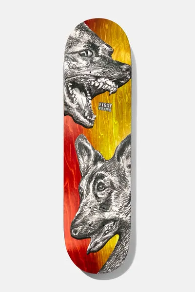 Baker Figgy Yeller 8.475 skateboard deck: Two detailed drawings of grey wolf or dog heads, one snarling with bared teeth above and one looking calm below, on a deck stained from red to yellow. Small Figgy label between them.
