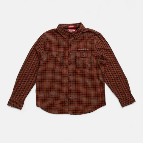 Baker Flames Plaid Flannel Button Up deck