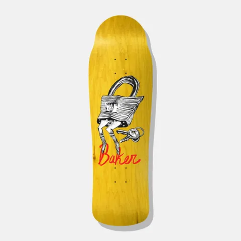 Baker Hawk Big Bodies Shaped 9.5 skateboard deck: Black and white line drawing of a padlock with legs, with a pair of keys beside it, on a yellow stained old-school shaped deck. Red handwritten Baker logo underneath.
