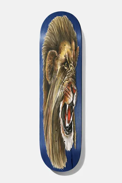 Baker Hawk Big Cats 8.38 skateboard deck: Painted side view of a roaring lion with a flowing mane and open mouth, stretched along the length of a blue deck.