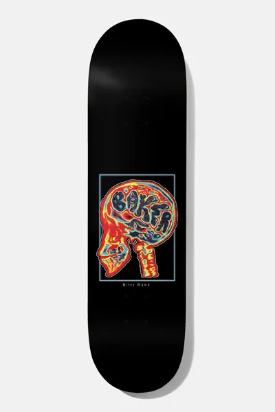 Baker Hawk Brain Donor 8.5 skateboard deck: Black deck with a framed side-profile skull rendered in thermal-imaging colours, the brain formed from Baker bubble lettering. Rider name in small type beneath.