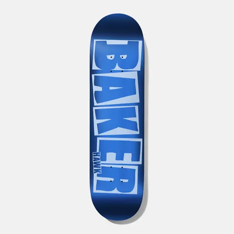 Baker Hawk Brand Name Blue Foil B2 8.5 skateboard deck: Large stacked Baker logo in light blue block capitals on a metallic blue foil deck, with a small HAWK name tucked beside the lower letters.