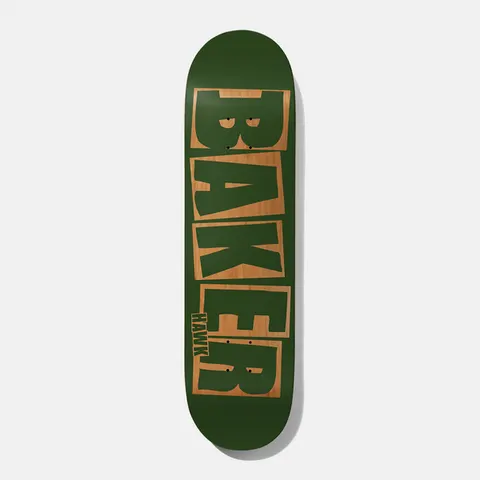 Baker Hawk Brand Name Green/Natural 8.5 skateboard deck: Large blocky 'Baker' letters in dark green, each letter boxed with the natural wood showing through, down a dark green deck. A small 'Hawk' is printed beside the lower letters.